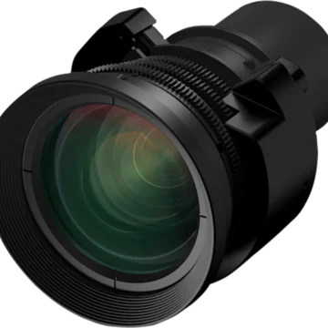 Angled view of a large black professional cinema camera lens featuring geared rings and multi-colored glass reflections.