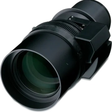 Large professional black projector lens with a wide glass front element, mechanical adjustment rings, and a side-mounted motor assembly.