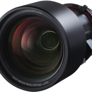 High-quality black DLP projection zoom lens with clear glass optics and standard lens branding